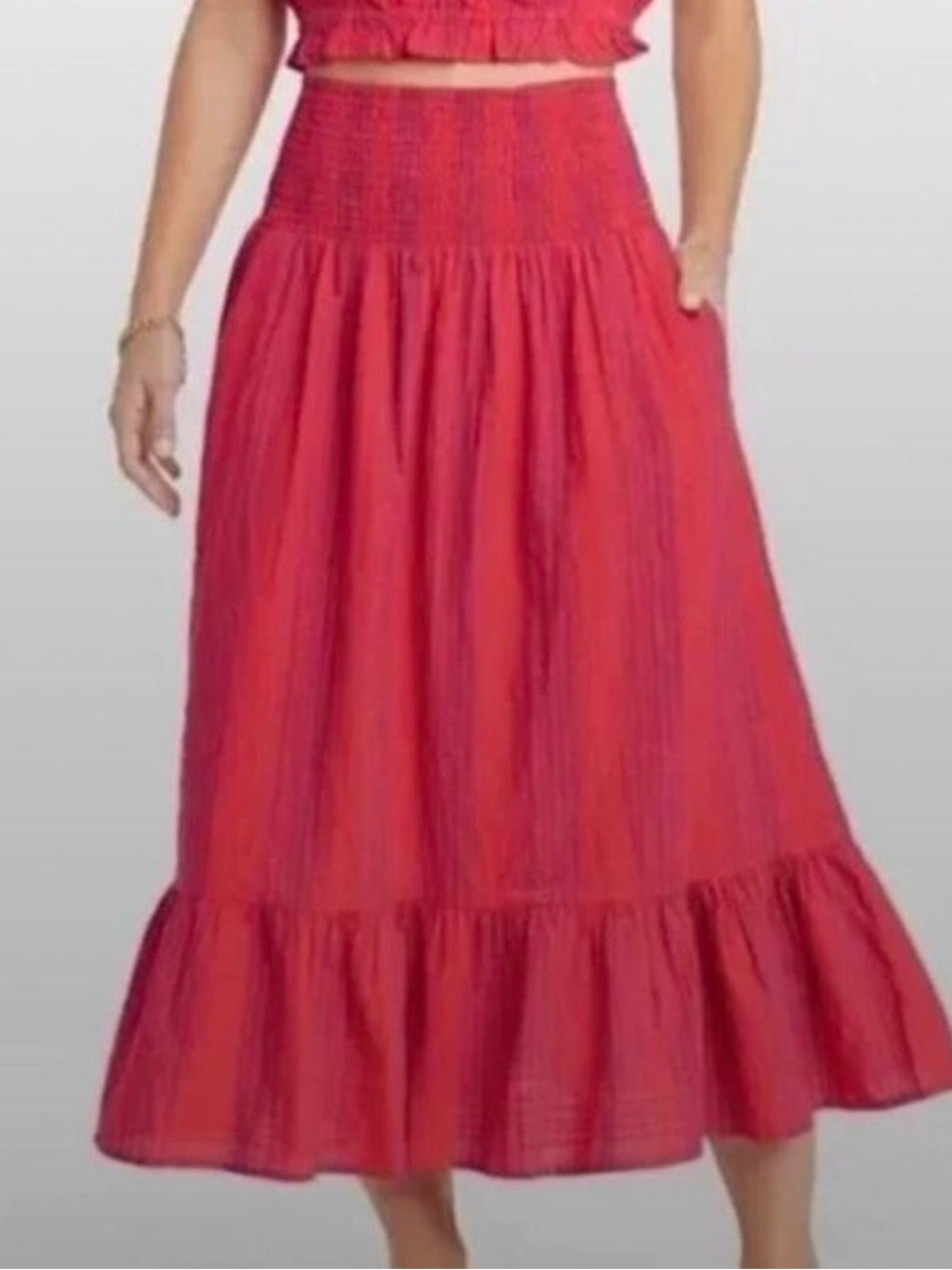 NWOT Universal Thread Red Smocked Midi Skirt with Ruffle Hem